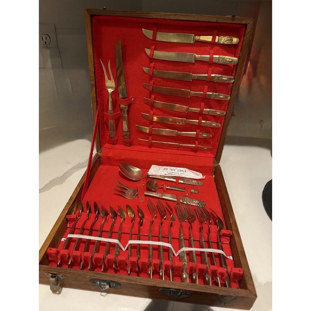 Vintage Thailand Bronze Flatware Set Teak Wood Case Siam Temple Handles 24 Pc